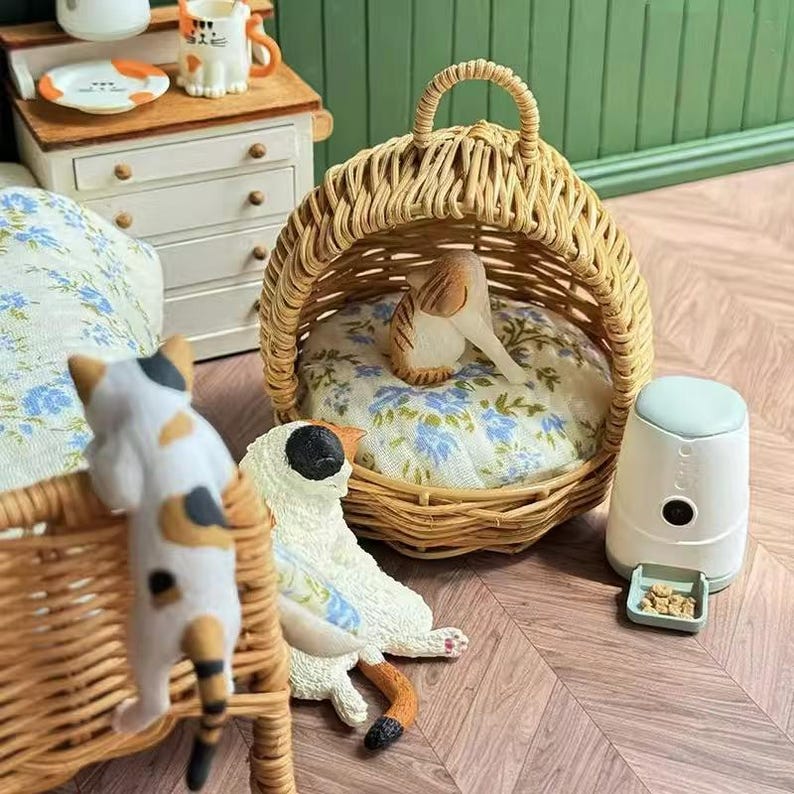 Casa de muñecas en miniatura a escala 1:6, nido para gatos tejido con enredaderas, comedero para mascotas, modelo BJD, Blythe, GSC, cesta de comida y juegos, accesorios, juguetes.