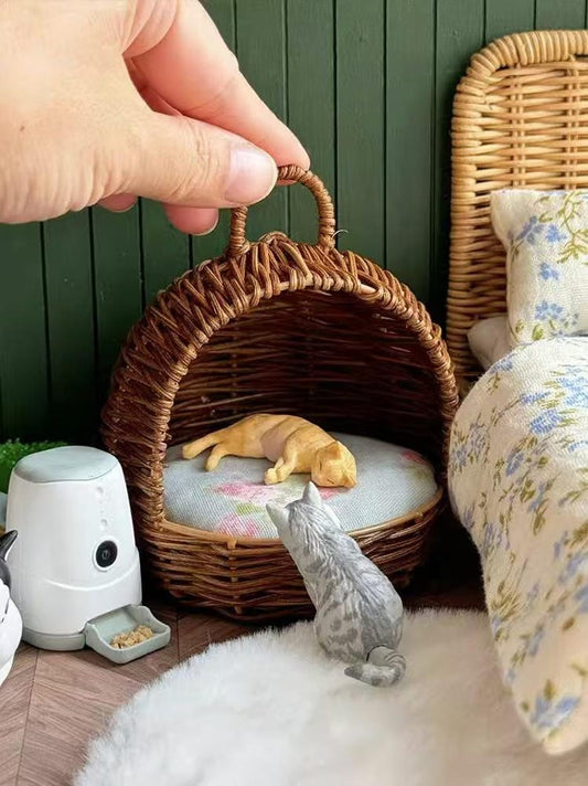 Nid de chat tissé en vigne pour maison de poupée miniature à l'échelle 1:6, mangeoire pour animaux de compagnie, modèle BJD Blythe GSC, panier de nourriture et de jeu, accessoires, jouets