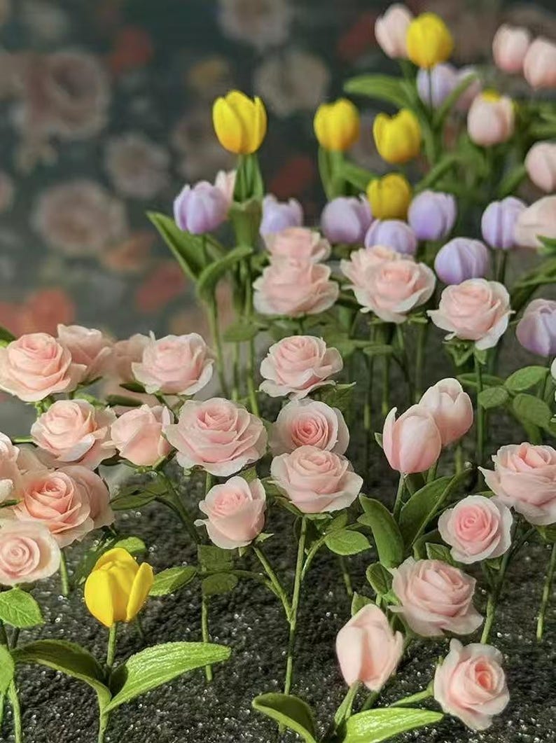 Maison de poupée miniature à l'échelle 1:6, maison de fleurs faite à la main, mini panier de fleurs de tulipes roses, modèle 1:12, support de fleurs en verre, décoration de jardin, meubles miniatures