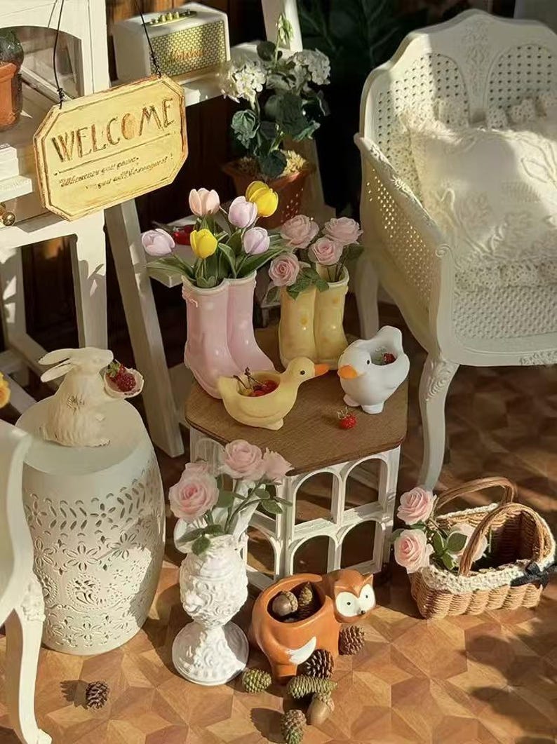 Maison de poupée miniature à l'échelle 1:6, maison de fleurs faite à la main, mini panier de fleurs de tulipes roses, modèle 1:12, support de fleurs en verre, décoration de jardin, meubles miniatures