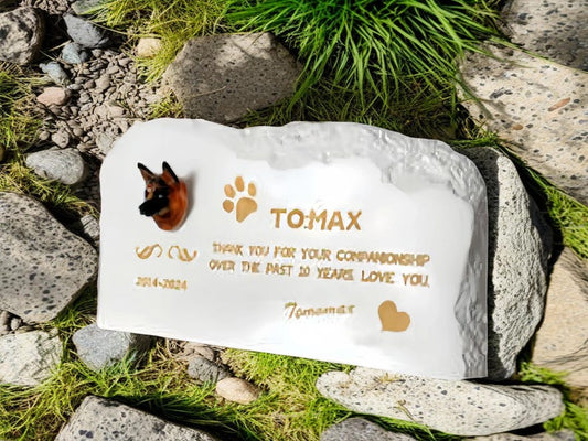 Piedra conmemorativa personalizada para mascotas con figura de pastor alemán - Marcador de tumba de perro personalizado