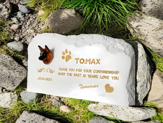 Piedra conmemorativa para mascotas con figura de pastor alemán: marcador de tumba personalizado para perros