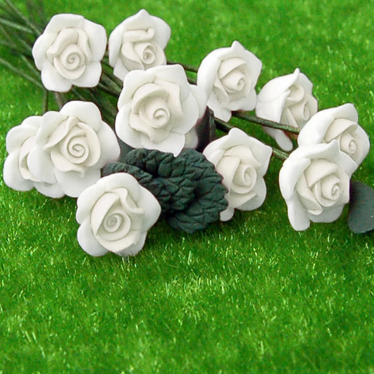 1:12 Scale Miniature White Rose Leaves Clay Flowers 6Pcs For Dollhouse Decor Miniature Dollhouse Accessories